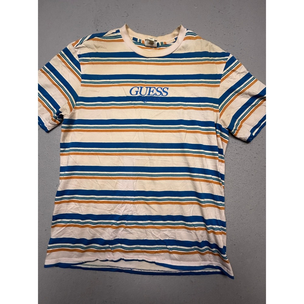 Guess Originals T-Shirt 100% Cotton Striped Cream Blue Orange Medium Mens
